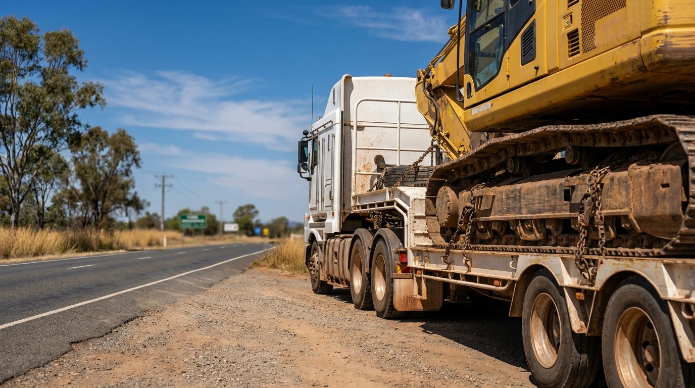 Excavator strapped to a low-loader behind a prime mover parked on a highway verge