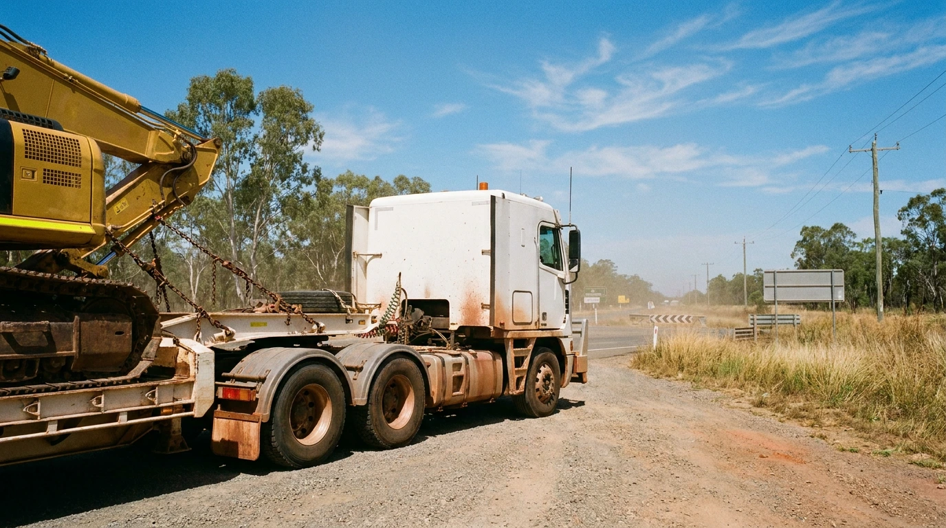 Oversize excavator chained to a float trailer beside a country highway under clear skies
