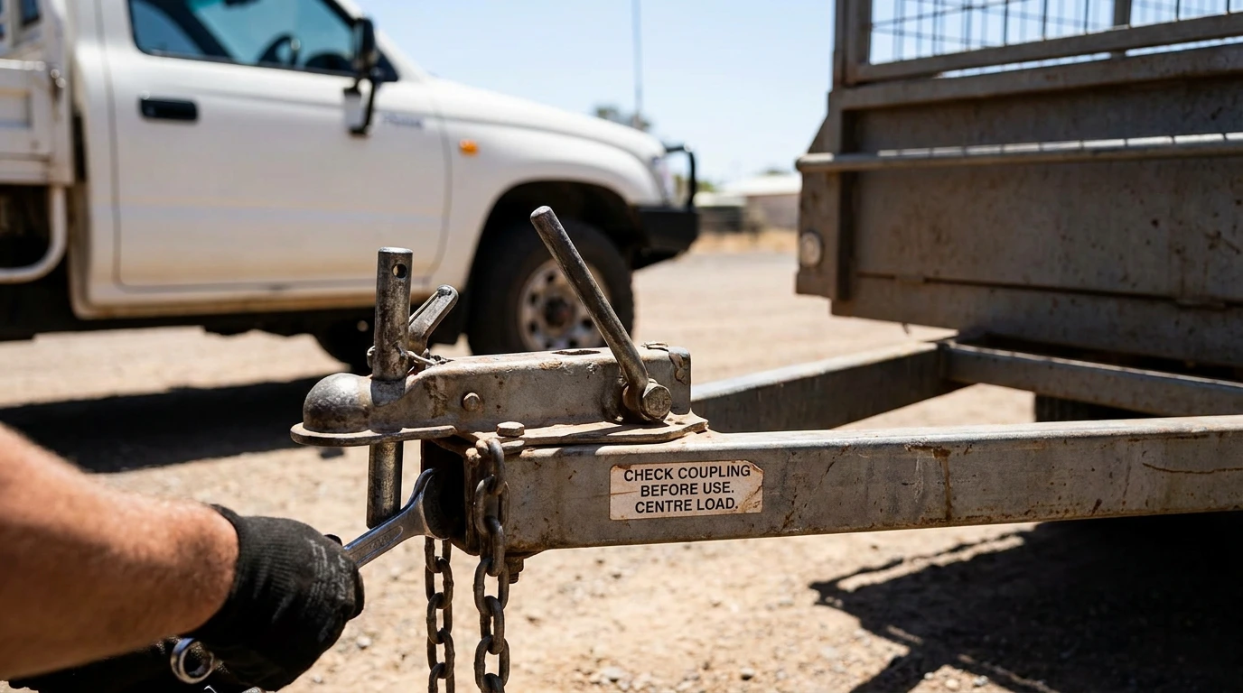 Worker checking a trailer coupling and safety chains beside a ute on a gravel yard